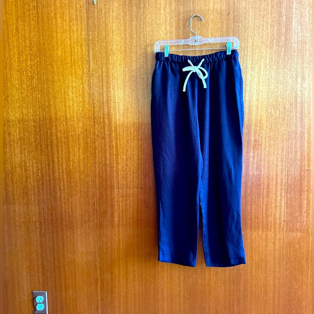 Zara NWT Elastic Waist Navy Nautical Pant sz Small Beach Pant Rope Tie Pockets!